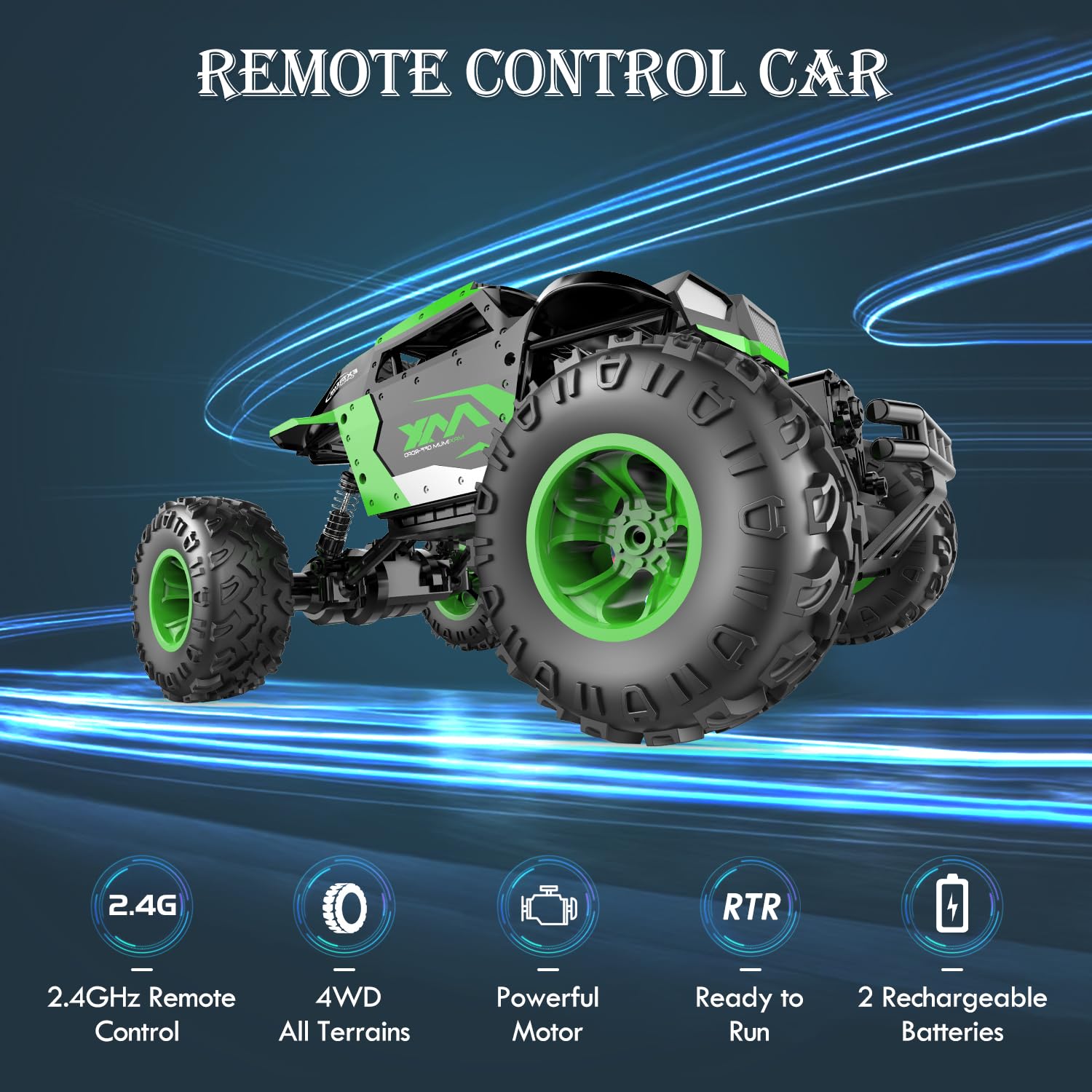 Ealingmoon Remote Control Car | 1:16 Scale 4WD All Terrain Rc Truck | 2.4GHz Off Road Rc Monster Truck with Colorful LED Light and 2 Rechargeable Batteries | Boys & Adults Gift