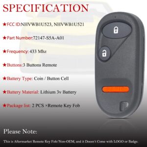 Key Fob Remote Replacement Fits for Honda Civic DX EX LX 2001 2002 2003 2004 2005/Honda Pilot 2003 2004 2005 2006 2007 NHVWB1U523 Keyless Entry Remote Control NHVWB1U521 72147-S5A-A01(Pack of 2)