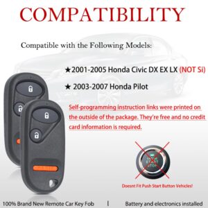 Key Fob Remote Replacement Fits for Honda Civic DX EX LX 2001 2002 2003 2004 2005/Honda Pilot 2003 2004 2005 2006 2007 NHVWB1U523 Keyless Entry Remote Control NHVWB1U521 72147-S5A-A01(Pack of 2)