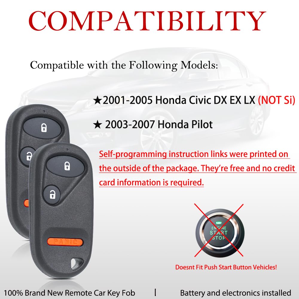 Key Fob Remote Replacement Fits for Honda Civic DX EX LX 2001 2002 2003 2004 2005/Honda Pilot 2003 2004 2005 2006 2007 NHVWB1U523 Keyless Entry Remote Control NHVWB1U521 72147-S5A-A01(Pack of 2)