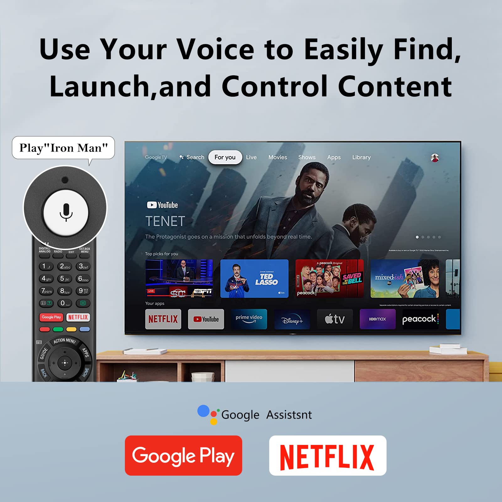 Voice Replacement Remote for Sony-TVs and Bravia-TVs，for All Sony 4K UHD LED LCD HD Smart TVs