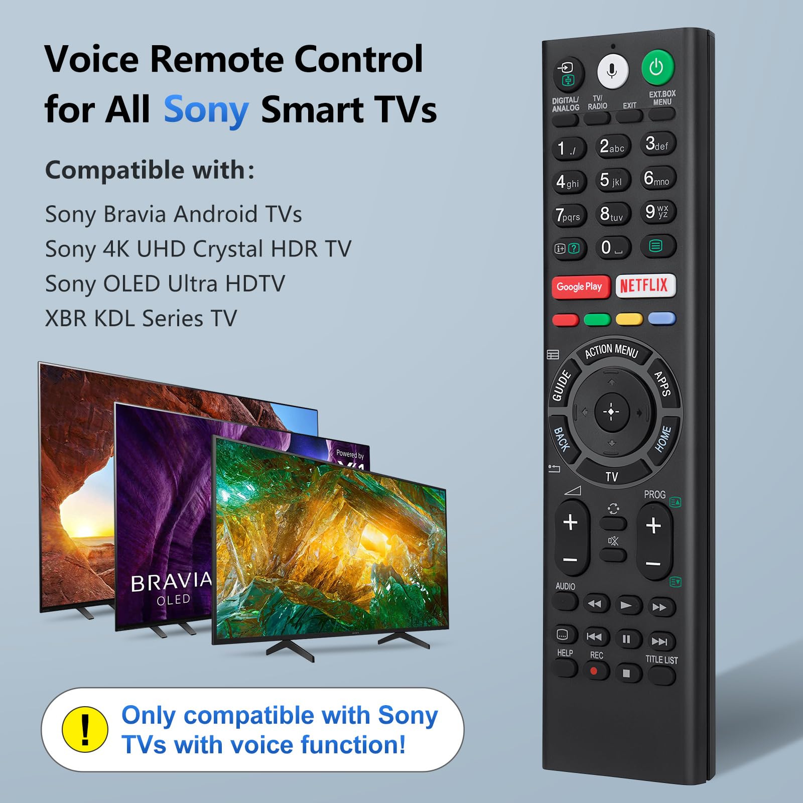 Voice Replacement Remote for Sony-TVs and Bravia-TVs，for All Sony 4K UHD LED LCD HD Smart TVs