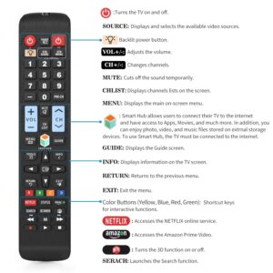 Universal Remote Control for All Samsung TV Remote LCD LED QLED SUHD UHD HDTV Curved Plasma 4K 3D Smart TVs, with Buttons for Netflix, Prime Video, Smart Hub-Backlit