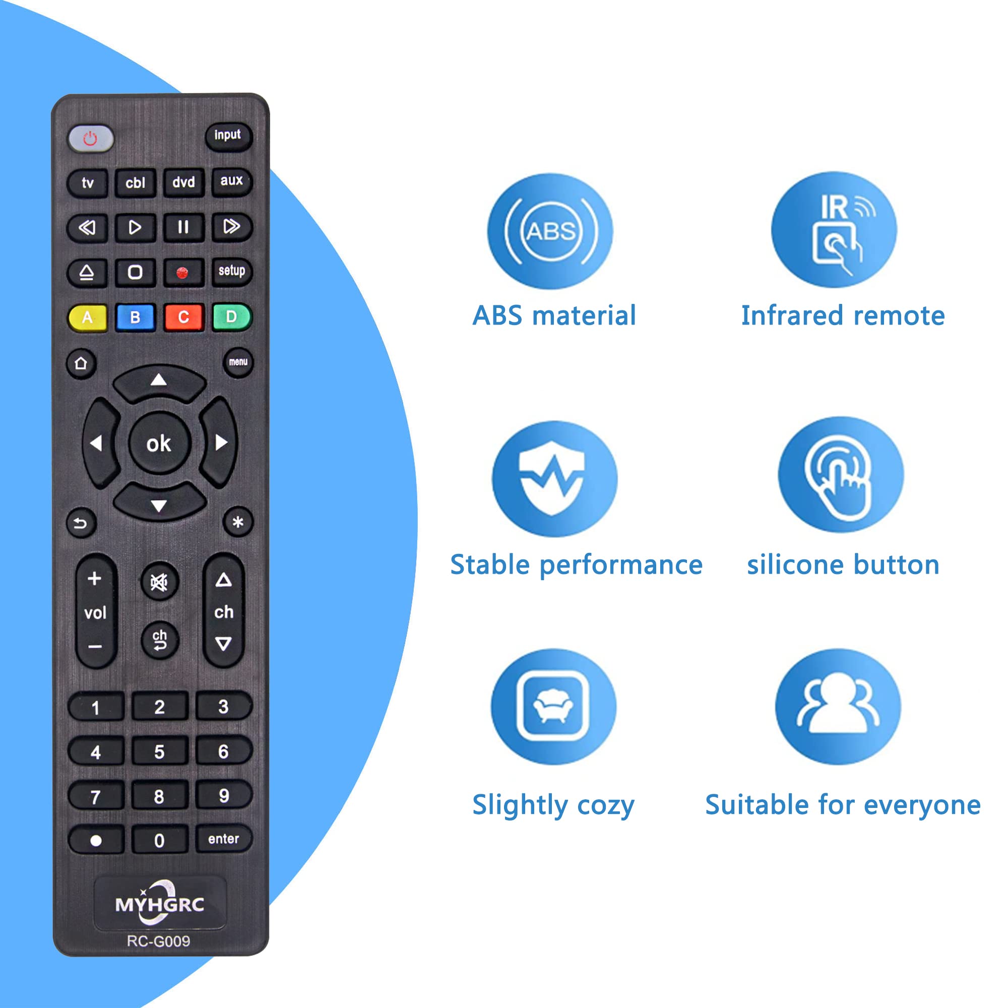 MYHGRC Universal Remote Control for All TVs, Blu-ray/DVD Players, Streaming Media Players, Soundbars, Cable Boxes and All Audio/Video Devices - TV/DVD/AUX/CBL 4 in 1 Universal Remote Easy Setup