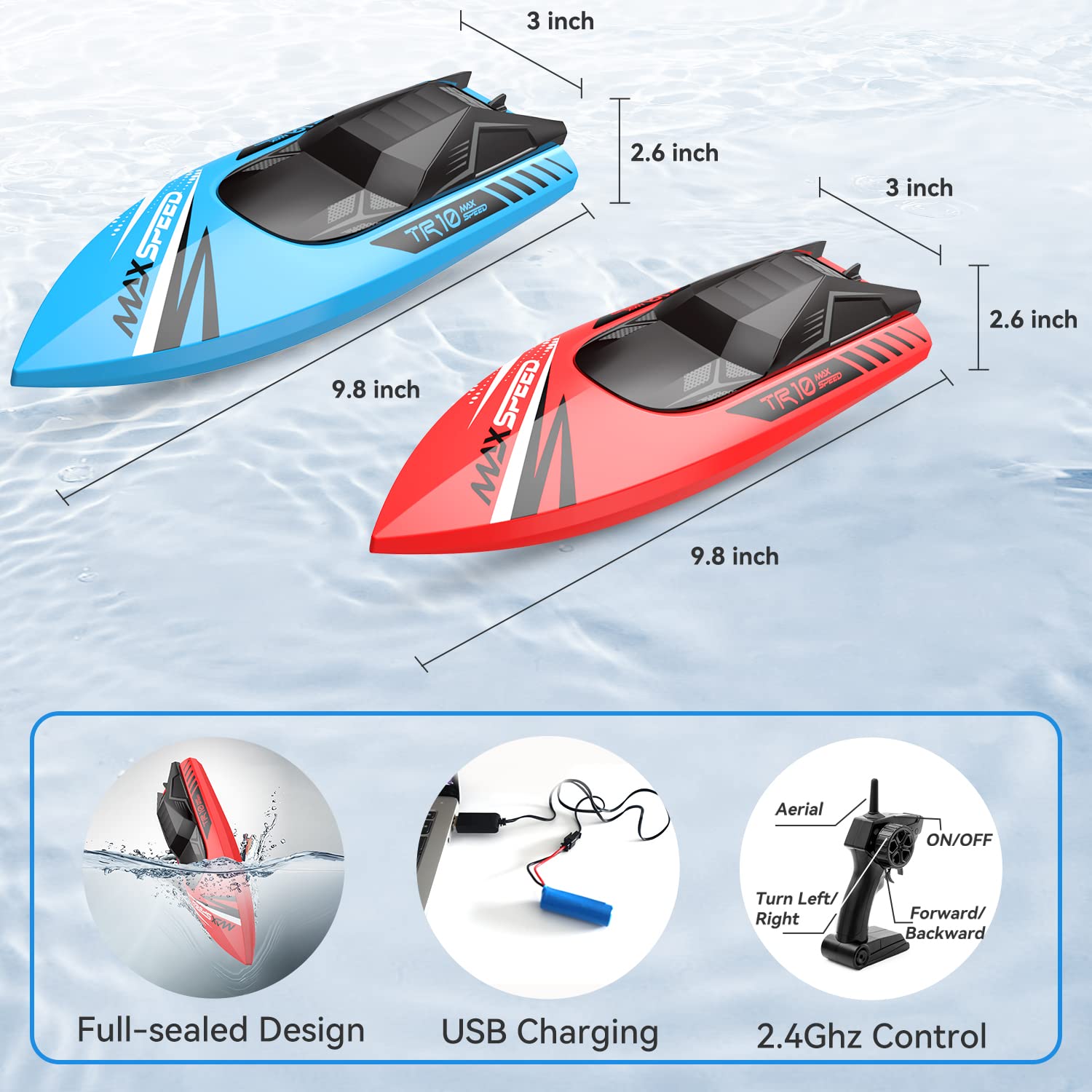 Tollcy Remote Control Boat Kids,2Pack RC Boats for Boys&Girls,Toy Boat for Pools Lakes River Water Play with 2.4GHz, 15+KMH, Whole Body Waterproof,Rechargeable Battery,Low Battery Alarm,Long Play Time