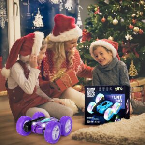 28℃ Remote Control Car for Boys, Drift High Speed RC Cars, 4WD 2.4Ghz Rechargeable RC Truck with Double Sided 360 Flips and Headlights Wheel Lights, Off-Road Stunt Toy Car for Kids Boy Girls (Purple)