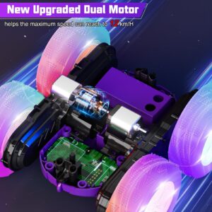 28℃ Remote Control Car for Boys, Drift High Speed RC Cars, 4WD 2.4Ghz Rechargeable RC Truck with Double Sided 360 Flips and Headlights Wheel Lights, Off-Road Stunt Toy Car for Kids Boy Girls (Purple)