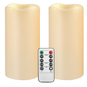 large outdoor waterproof flameless candles with remote control,d3'' x h5.5'' battery operated flickering led pillar candle plastic for outdoor/indoor decoration wedding, party, birthday (2pack)