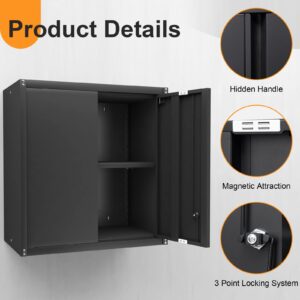 GEDELITE Metal Wall Cabinet, Locking Cabinet with Doors and Adjustable Shelf, Steel Garage Cabinets Wall Mounted, Garage Storage Cabinets for Home, Office, Basement, Black