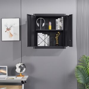 LUCYPAL Metal Wall Cabinet with Adjustable Shelves,Wall Mounted Storage Cabinet with Locking Doors,Steel Garage Cabinet for Basement,Home,Kitchen,Bathroom (Black,27.95" H)