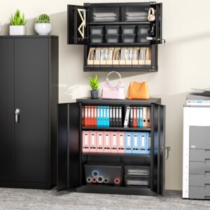 Greenvelly Metal Storage Cabinet, 42”Locking Storage Cabinet with Doors and Shelves, Black Lockable Storage Cabinets for Office, Utility Locker Cabinet, Steel Garage Cabinet with 2 Keys for Home