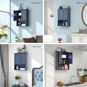 VANIRROR Bathroom Wall Cabinet Blue Over Toilet Storage Cabinets 24x30 in Above Toilet Wood Medicine Cabinets Wall Mounted Bathroom Cabinet with 2 Door & Adjustable Shelf