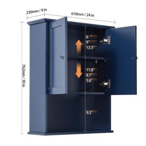 VANIRROR Bathroom Wall Cabinet Blue Over Toilet Storage Cabinets 24x30 in Above Toilet Wood Medicine Cabinets Wall Mounted Bathroom Cabinet with 2 Door & Adjustable Shelf