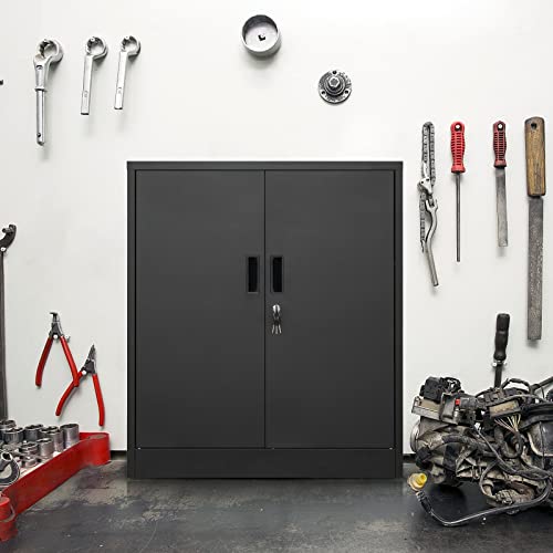 TaskStorz Metal Garage Storage Cabinets，Metal File Cabinet with 2 Adjustable Shelves, Lockable Storage Cabinets for Office, Home, Garage, Warehouse 36" H x 31.5" W x 15.7" D (Black)