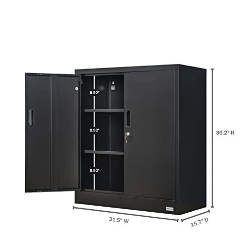 TaskStorz Metal Garage Storage Cabinets，Metal File Cabinet with 2 Adjustable Shelves, Lockable Storage Cabinets for Office, Home, Garage, Warehouse 36" H x 31.5" W x 15.7" D (Black)