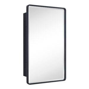 TEHOME Farmhouse Matt Black Recessed Bathroom Medicine Cabinet with Mirror Rounded Rectangle Metal Framed Medicine Cabinet with Beveled Mirror 20x30''