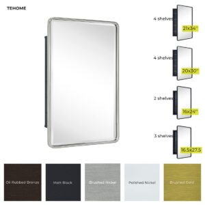 TEHOME Farmhouse Matt Black Recessed Bathroom Medicine Cabinet with Mirror Rounded Rectangle Metal Framed Medicine Cabinet with Beveled Mirror 20x30''