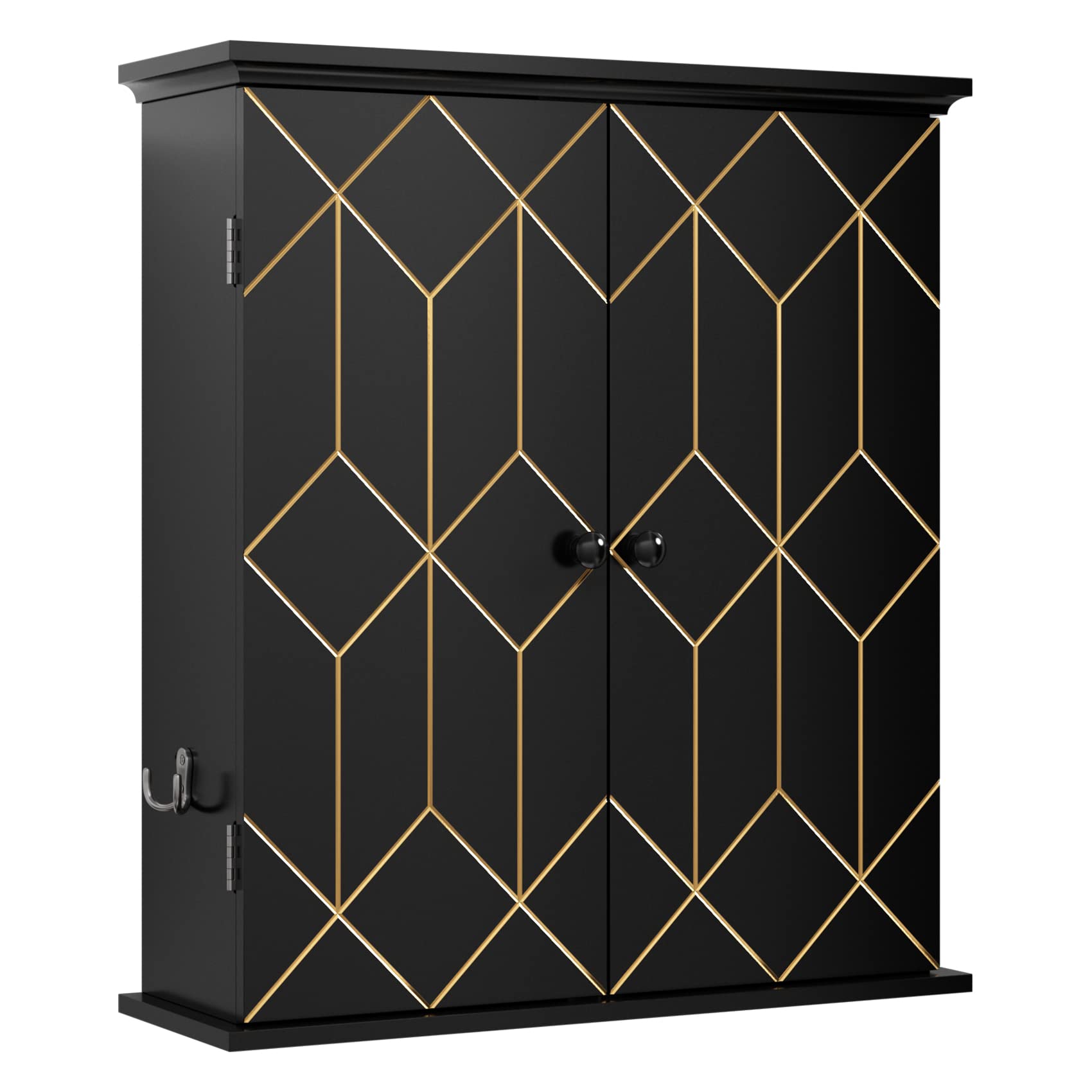 AZODY Bathroom Cabinet with Gold Trim, Wall-mounted Bathroom Storage Cabinet with Adjustable Shelves and Side hooks, Space Saver Medicine Cabinet for Livingroom, Laundry, Classical Black