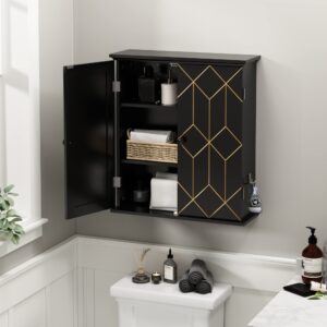 AZODY Bathroom Cabinet with Gold Trim, Wall-mounted Bathroom Storage Cabinet with Adjustable Shelves and Side hooks, Space Saver Medicine Cabinet for Livingroom, Laundry, Classical Black