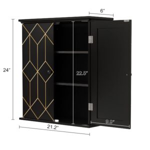 AZODY Bathroom Cabinet with Gold Trim, Wall-mounted Bathroom Storage Cabinet with Adjustable Shelves and Side hooks, Space Saver Medicine Cabinet for Livingroom, Laundry, Classical Black