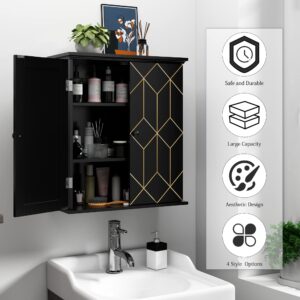 AZODY Bathroom Cabinet with Gold Trim, Wall-mounted Bathroom Storage Cabinet with Adjustable Shelves and Side hooks, Space Saver Medicine Cabinet for Livingroom, Laundry, Classical Black