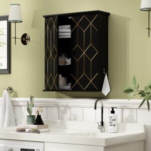 AZODY Bathroom Cabinet with Gold Trim, Wall-mounted Bathroom Storage Cabinet with Adjustable Shelves and Side hooks, Space Saver Medicine Cabinet for Livingroom, Laundry, Classical Black