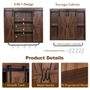 RUSTOWN Rustic Wood Wall Storage Cabinet with Two Sliding Barn Door, 3-Tier Decorative Farmhouse Vintage Cabinet for Kitchen Dining, Bathroom, Living Room, Dark Walnut