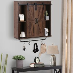 RUSTOWN Rustic Wood Wall Storage Cabinet with Two Sliding Barn Door, 3-Tier Decorative Farmhouse Vintage Cabinet for Kitchen Dining, Bathroom, Living Room, Dark Walnut