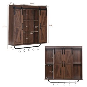 RUSTOWN Rustic Wood Wall Storage Cabinet with Two Sliding Barn Door, 3-Tier Decorative Farmhouse Vintage Cabinet for Kitchen Dining, Bathroom, Living Room, Dark Walnut