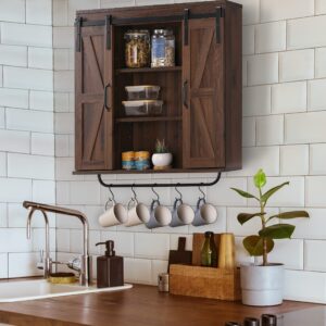 RUSTOWN Rustic Wood Wall Storage Cabinet with Two Sliding Barn Door, 3-Tier Decorative Farmhouse Vintage Cabinet for Kitchen Dining, Bathroom, Living Room, Dark Walnut