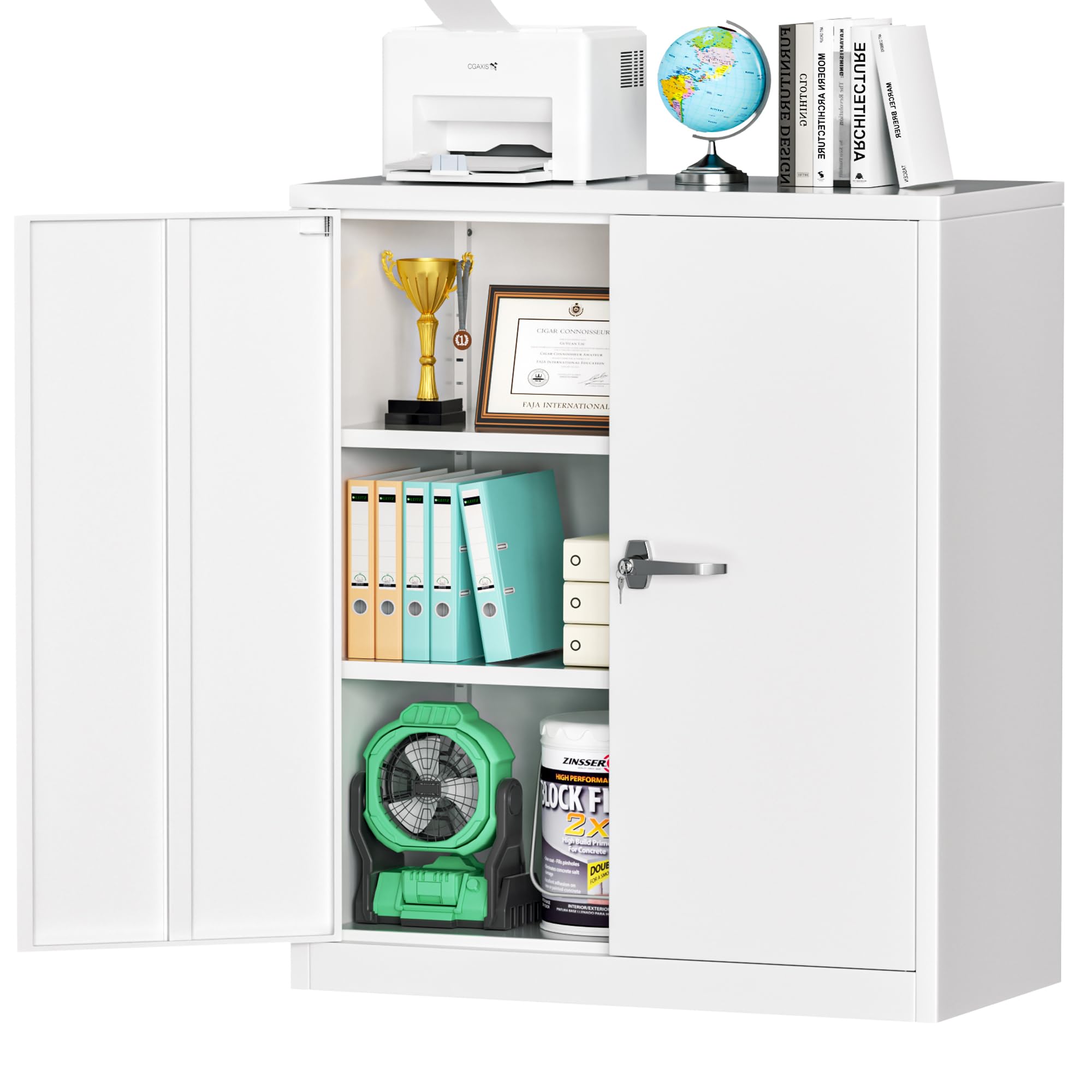 INTERGREAT Metal Storage Cabinet with Doors, Locking Steel Storage Cabinet with Lock and Shelves, Heavy Duty Lockable Metal Cabinet for Office, Bathroom, Home, Laundry Room, Kitchen (White)