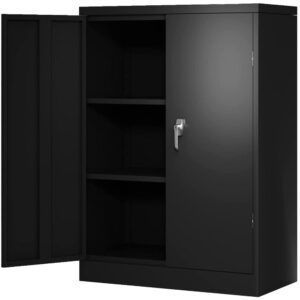 Lockable Cabinet Metal Storage Cabinet, 42" Locking Metal Storage Cabinet with 2 Adjustable Shelves,Black Metal Cabinet with 2 Doors and Lock for Office, Garage, Home (Black, 42")