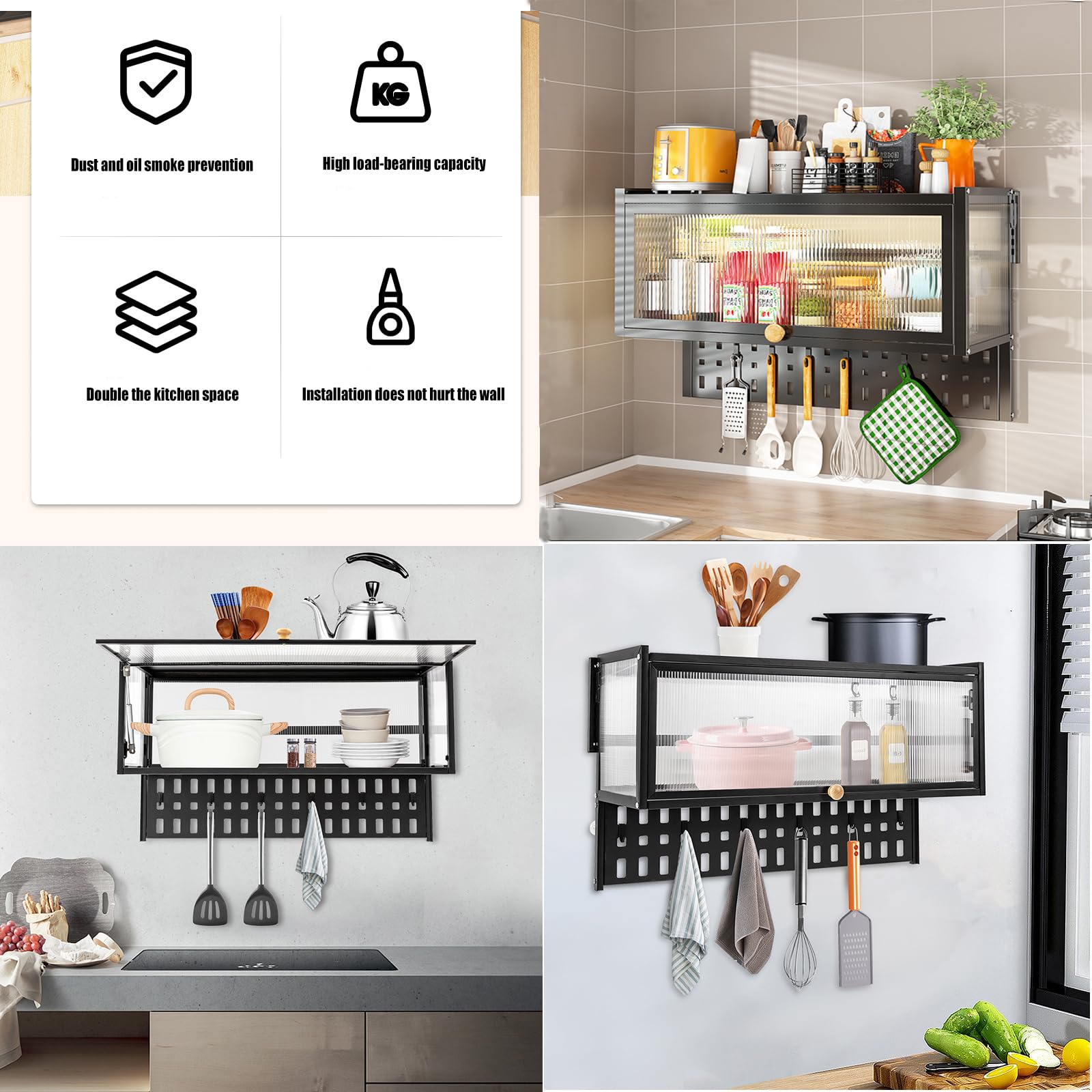 EseMiee Kitchen Wall Cabinet,Flip-Up Door Wall Cabinet Wall-Mounted Locker,Wall Cabinet for The Kitchen,Living Room,Office,Etc(Black,Translucent)