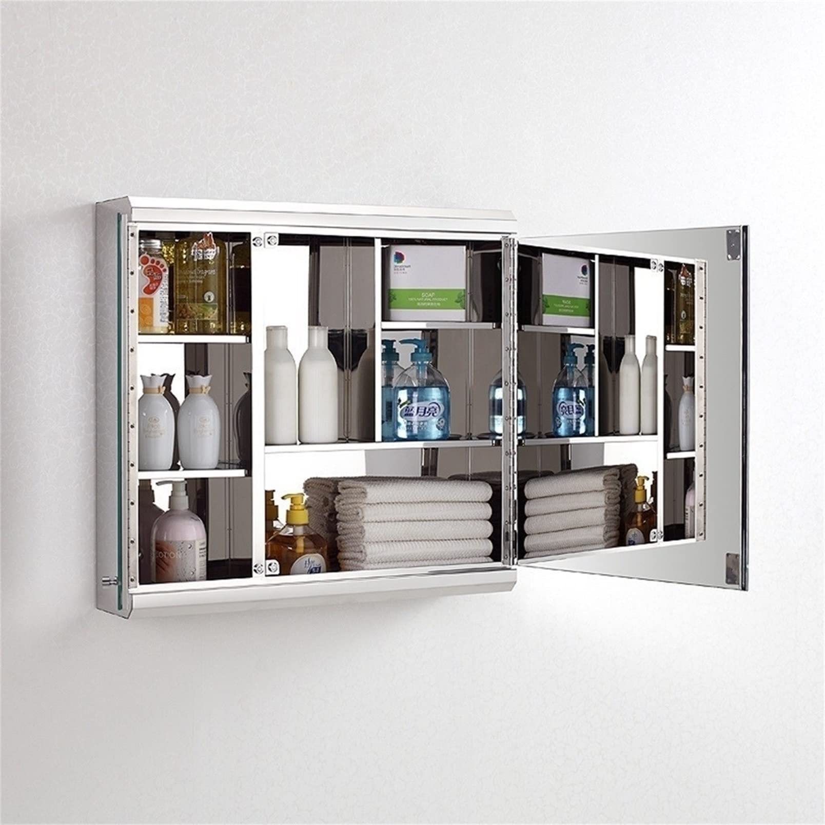 Mirror Cabinet Metal Steel Square Mirror Cabinet Storage Wall Mounted Dresser Stainless Steel Medicine Cabinet (Color : Silver, Size : 60 * 55 * 13cm)