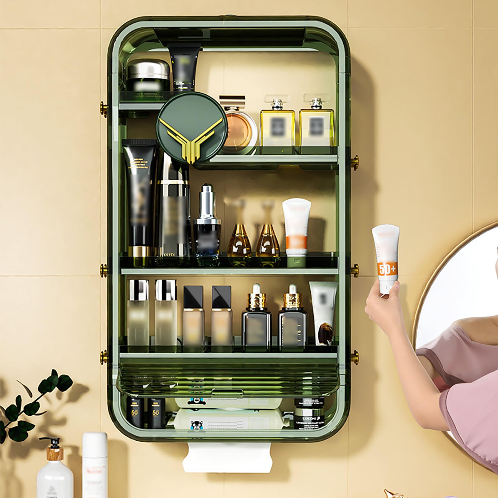 FZYUAN Bathroom Wall Cabinet Bathroom Cabinet Wall Mounted with Drawers Medicine Cabinet with Hooks Over The Toilet Storage Cabinet Hanging Cabinet for Bathroom Livingroom Kitchen,Green,40x12x70cm/17