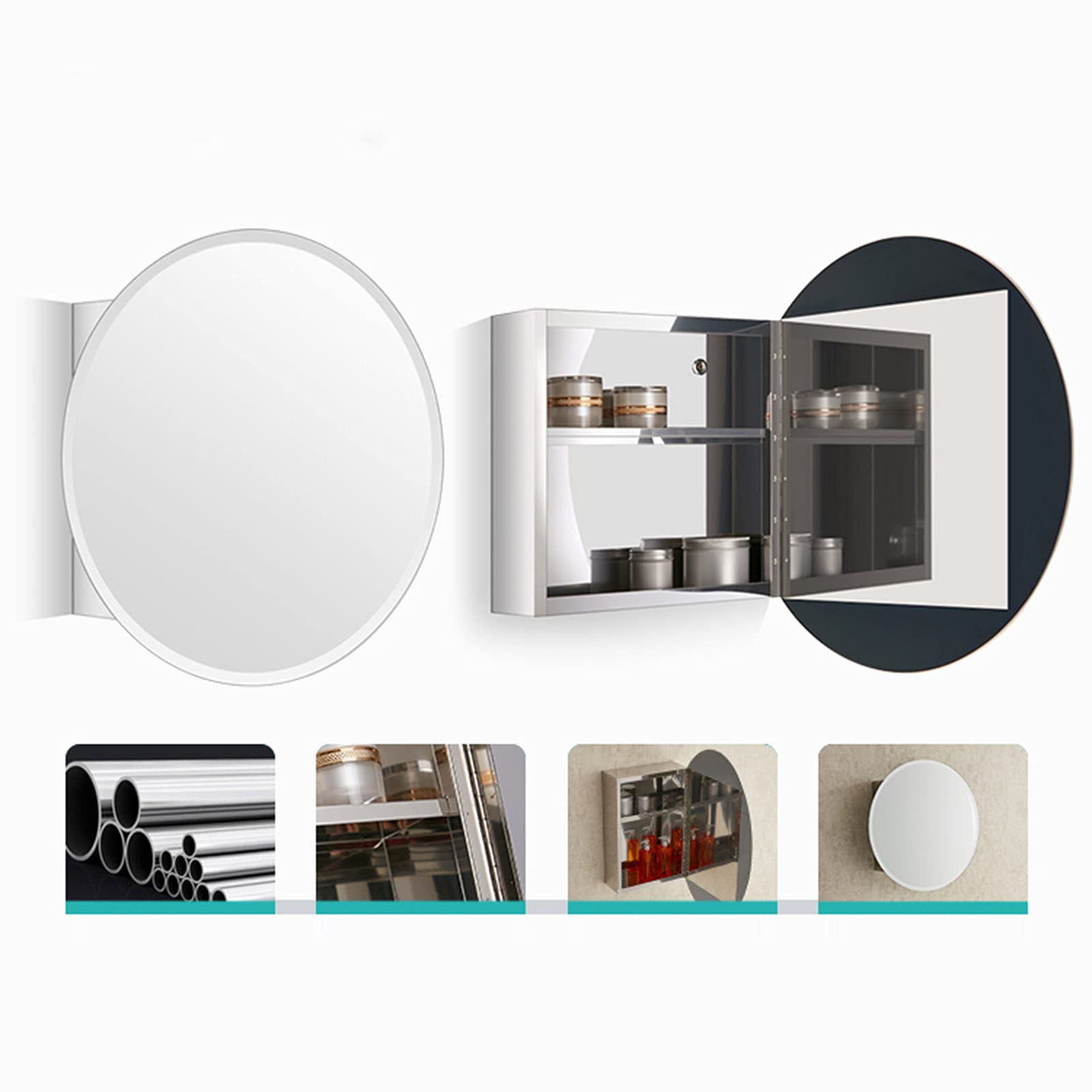 ZAYEN Bathroom Mirror Cabinet, Oval Bathroom Mirror with Shelf Stainless Steel Metal Bathroom Mirror Cabinet Wall-Mounted Mirror Storage Cabinet
