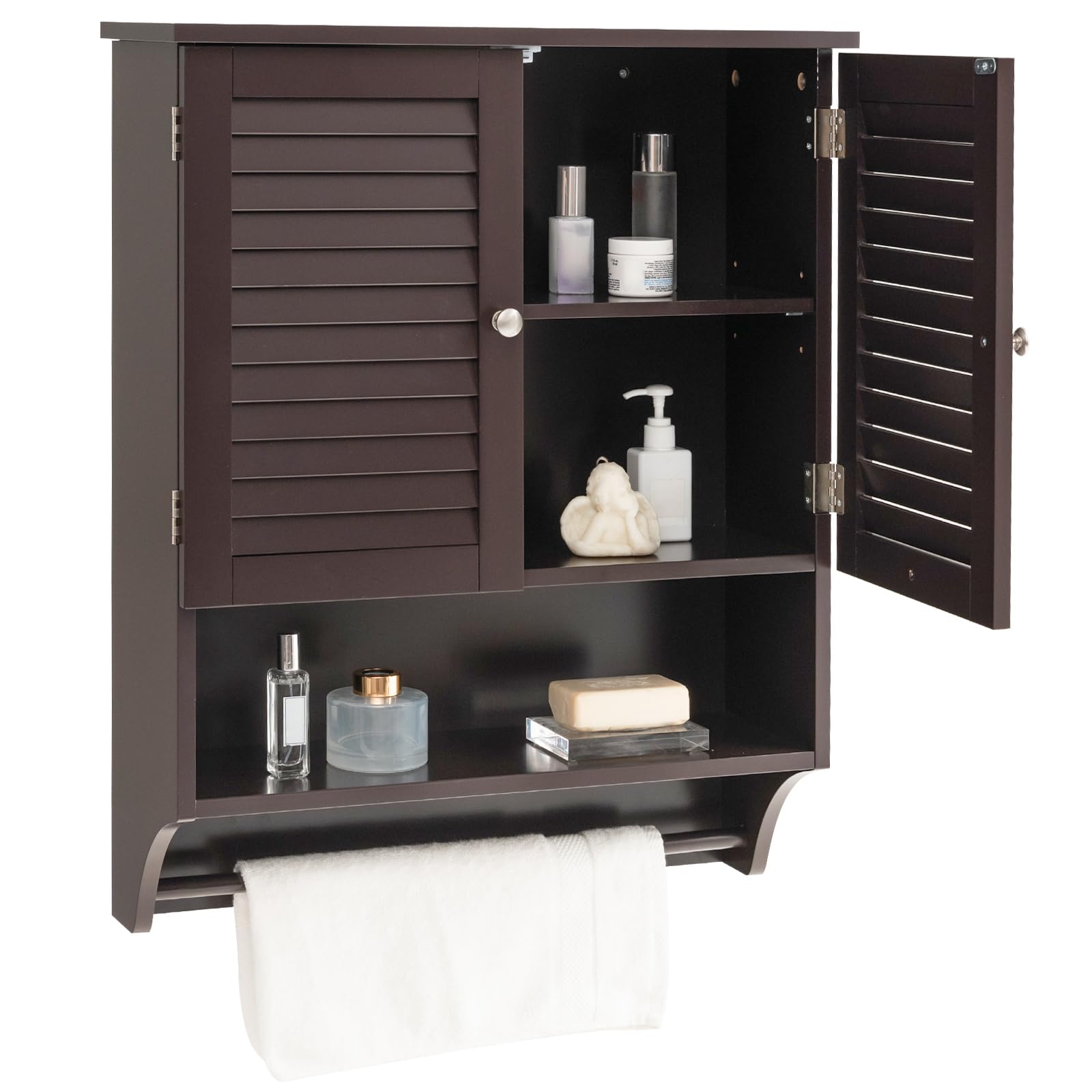 LOKO Bathroom Medicine Cabinet, Storage Cabinet with Double Louvered Doors, Wall Mounted Cabinet with Open Shelf & Towel Bar, Over The Toilet Space Saver Cabinet for Living Room Kitchen (Espresso)