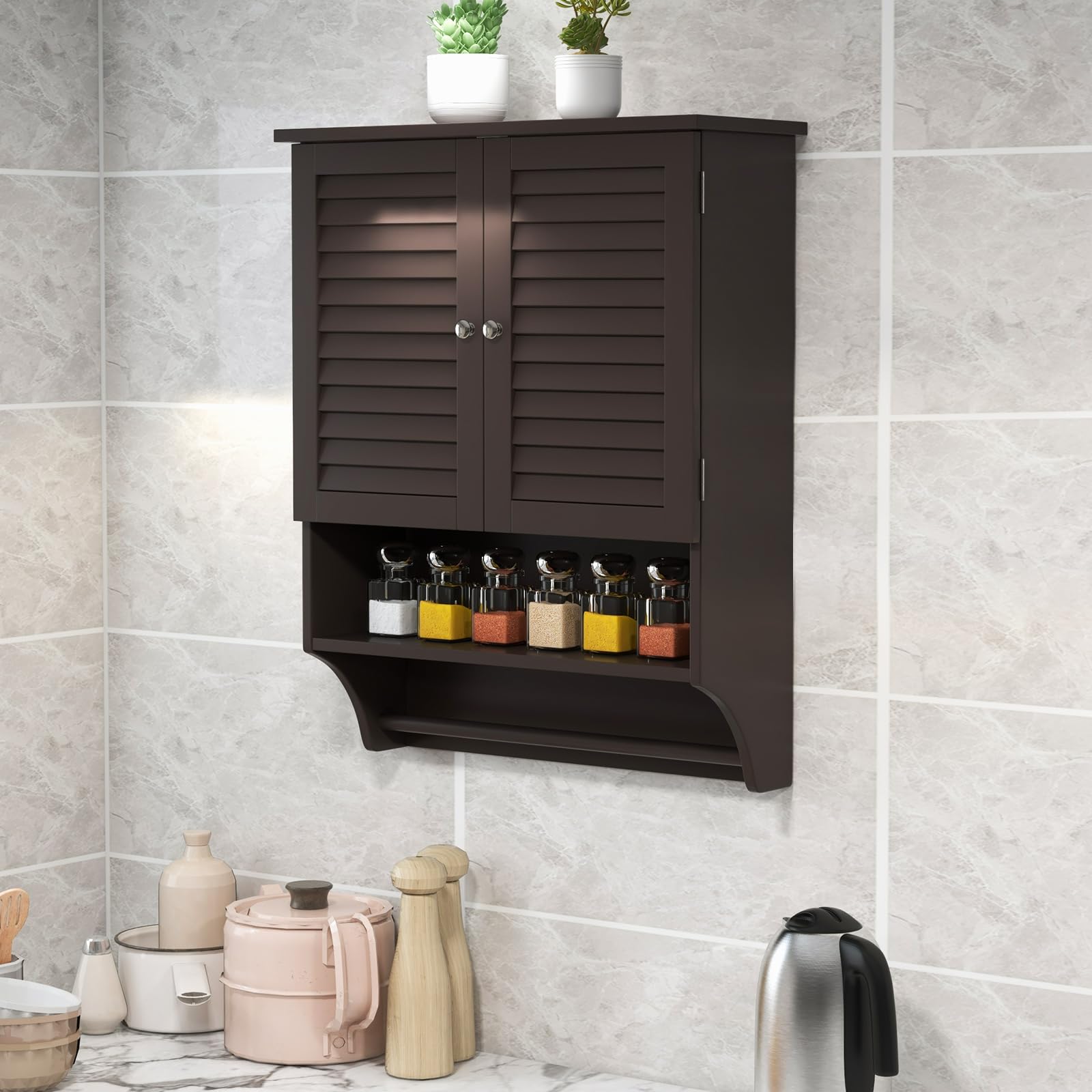 LOKO Bathroom Medicine Cabinet, Storage Cabinet with Double Louvered Doors, Wall Mounted Cabinet with Open Shelf & Towel Bar, Over The Toilet Space Saver Cabinet for Living Room Kitchen (Espresso)