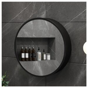 Round Wall Mounted Bathroom Storage Cabinet, Bathroom Medicine Cabinet with Mirror, with Mirror Door and Hide Shelves (Color : Black, Size : 70cm)