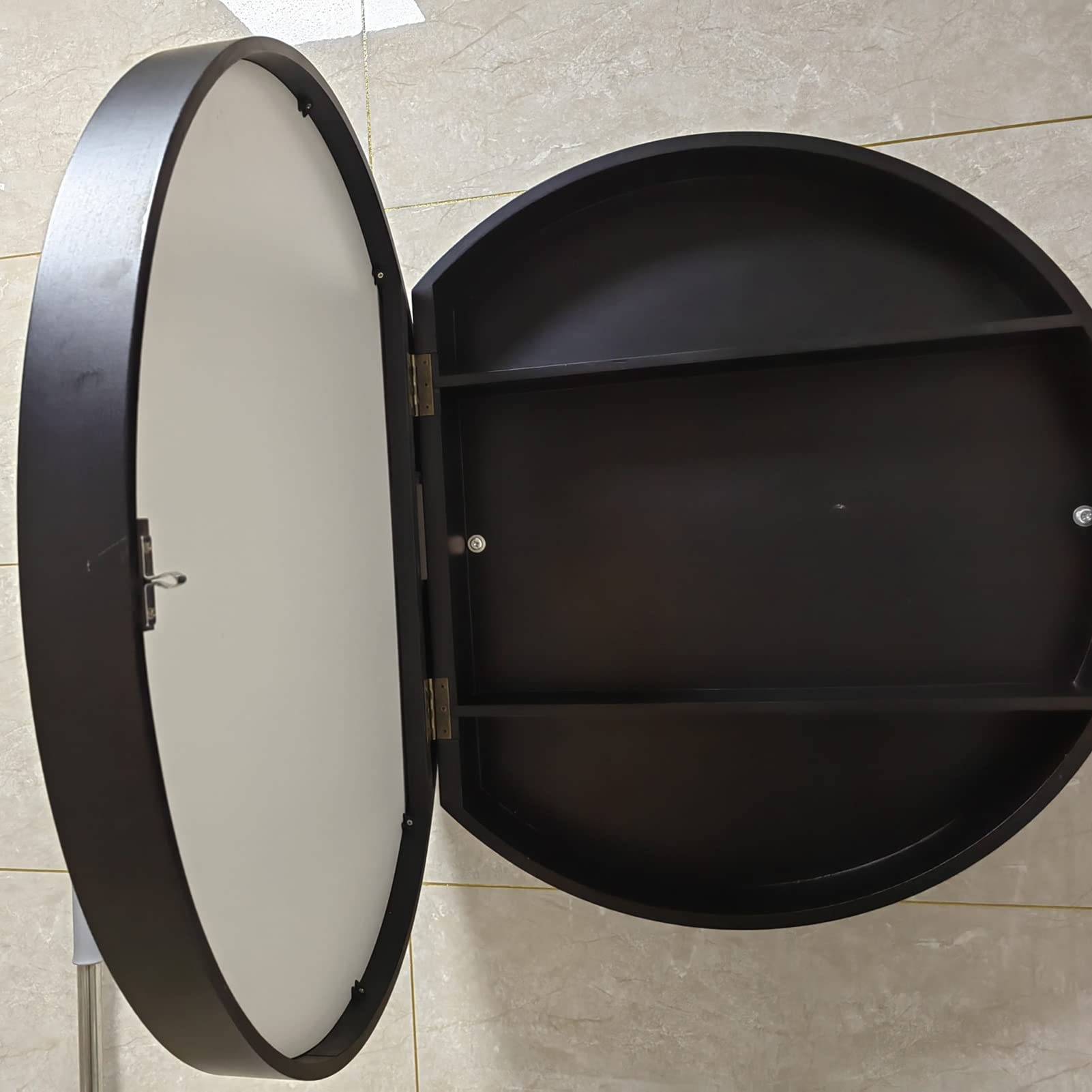 Round Wall Mounted Bathroom Storage Cabinet, Bathroom Medicine Cabinet with Mirror, with Mirror Door and Hide Shelves (Color : Black, Size : 70cm)