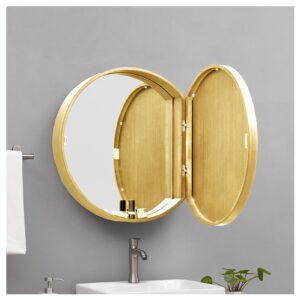 round bathroom mirror cabinet, single medicine cabinet with mirrored door, wooden wall mounted storage cabinets (color : gold, size : 60cm)