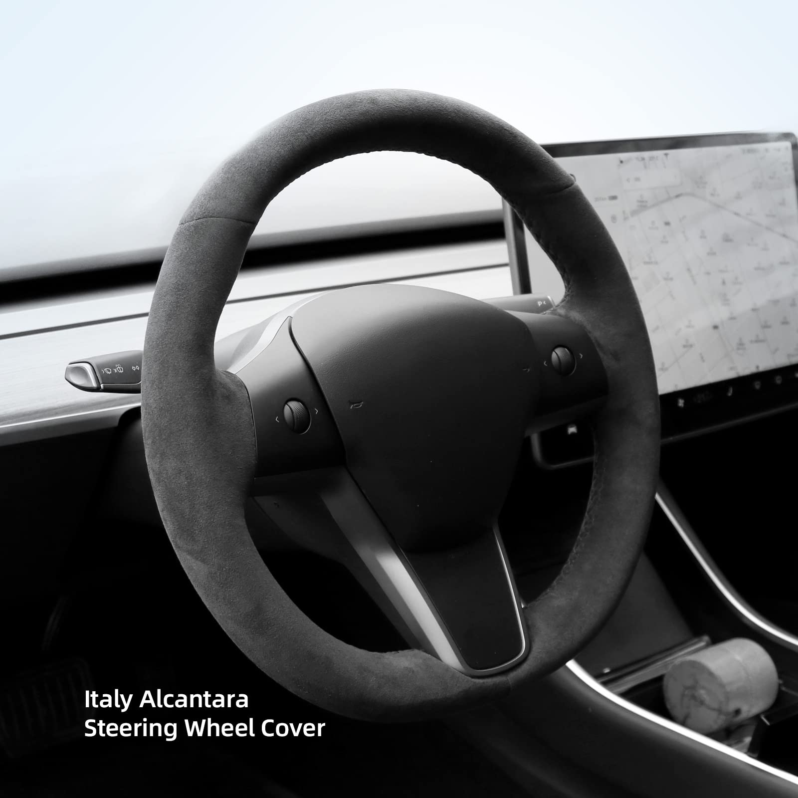 Alfanxi Hand Stitch Sewing Italy Alcantara Car Steering Wheel Cover Wrap for Tesla Model 3/Tesla Model Y (Black Alcantara+No Stripes)