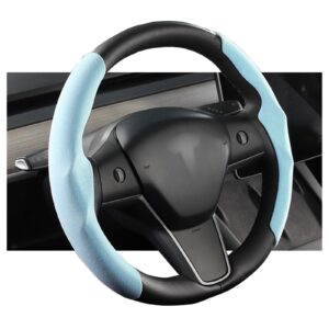 yjmotor for tesla model y steering wheel cover decorative,fit model 3 suede steering wheel cover protection interior auto non slip grip function accessories 2pcs(blue)