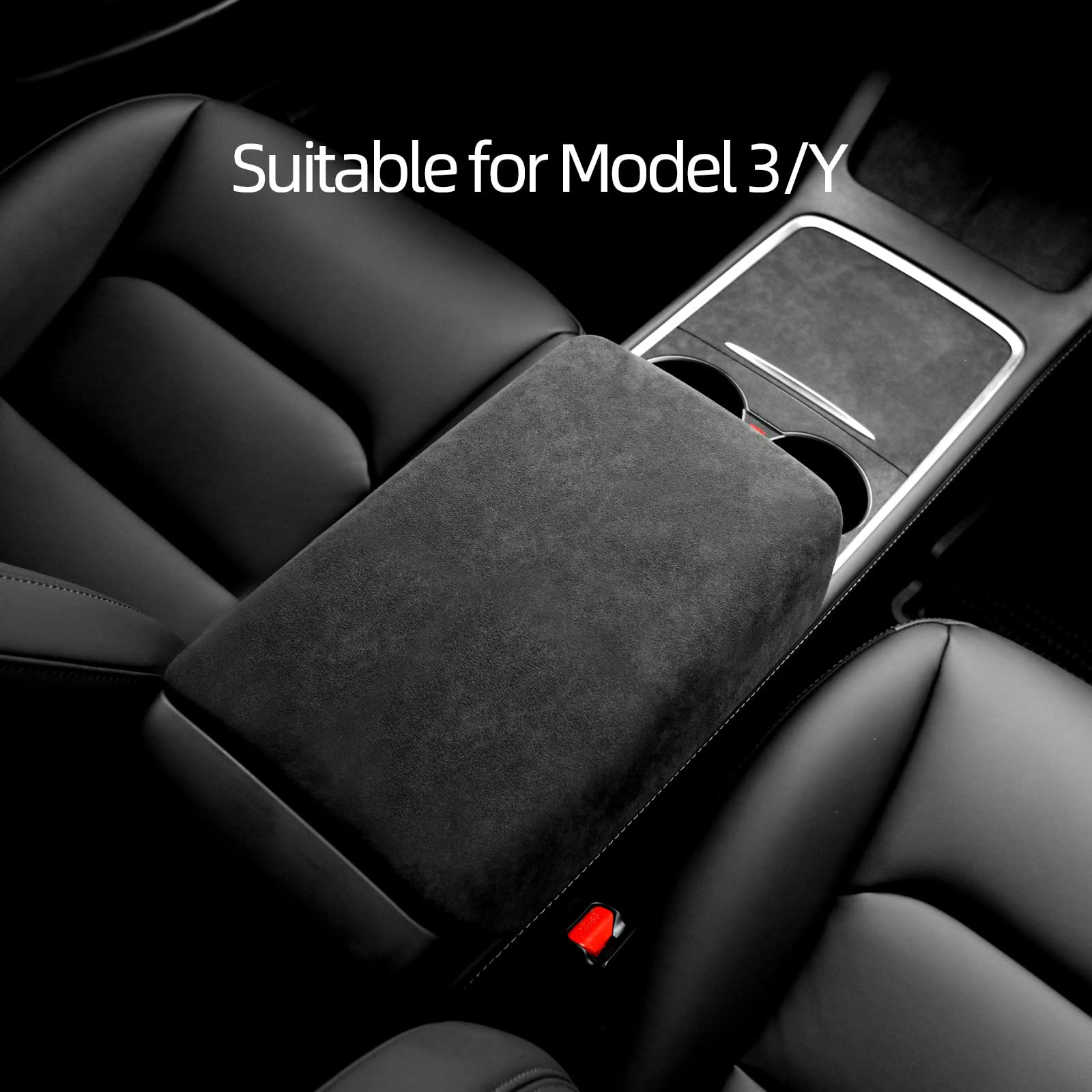 Alfanxi Armrest Box Cover Italy Alcantara Material Armrest Case Protector Compatible with Tesla Model 3/Model Y (Black)