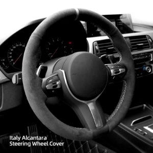 Alfanxi Hand Stitch Alcantara Steering Wheel Cover for BMW F30 F31 F34 F10 F11 F07 F12 F13 X3 X4 X5 X6 F16 F20 F21 M135I 140I X1 X2 (White Stripe)