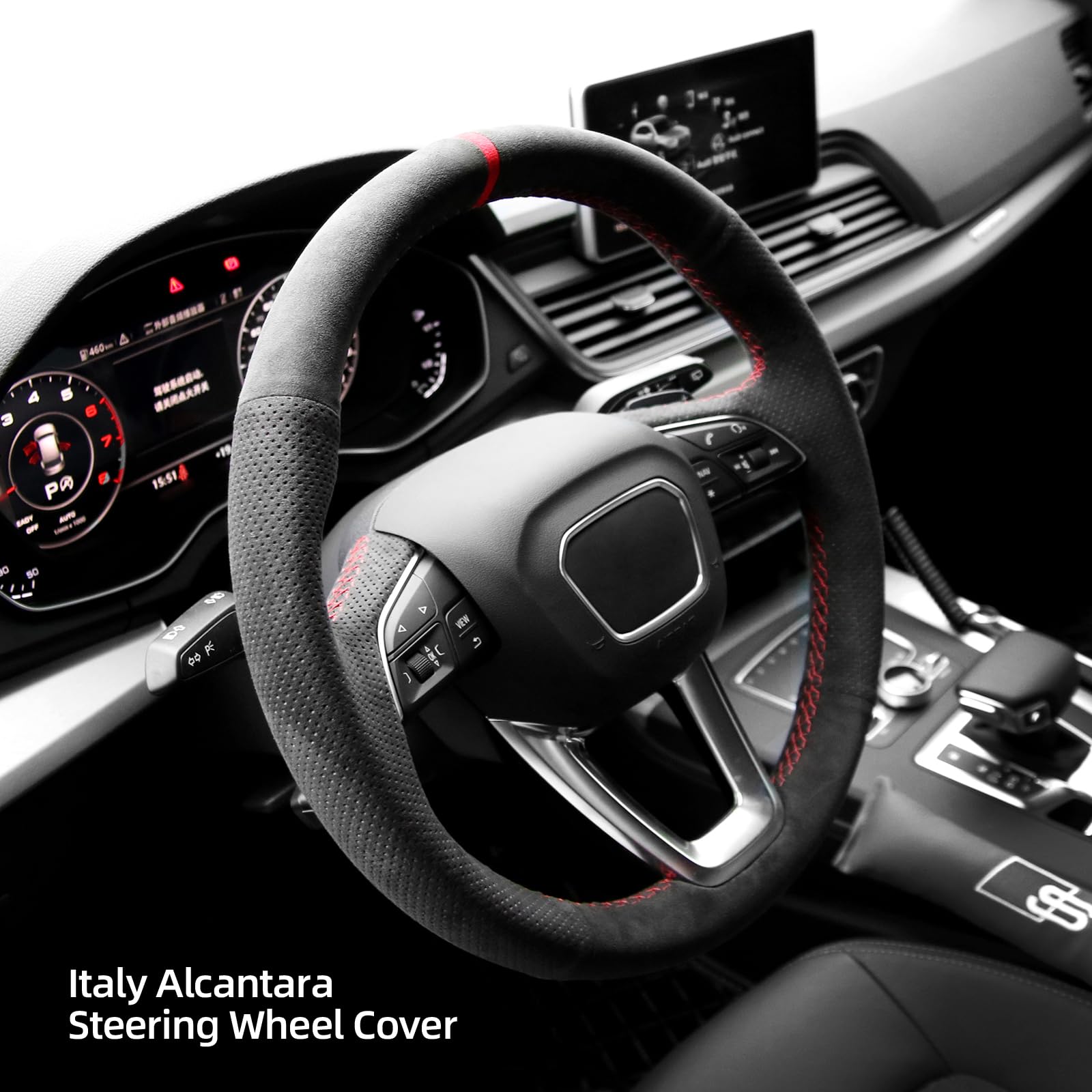 Alfanxi Hand Stitch Sewing Alcantara Car Steering Wheel Cover Wrap for Audi A5/Q3/Q5/Q5 e/Q7/Q8/RS 5/RS Q8/S3/S4/S5/SQ5/SQ7/SQ8 with Shift Paddles(Red Stripe)