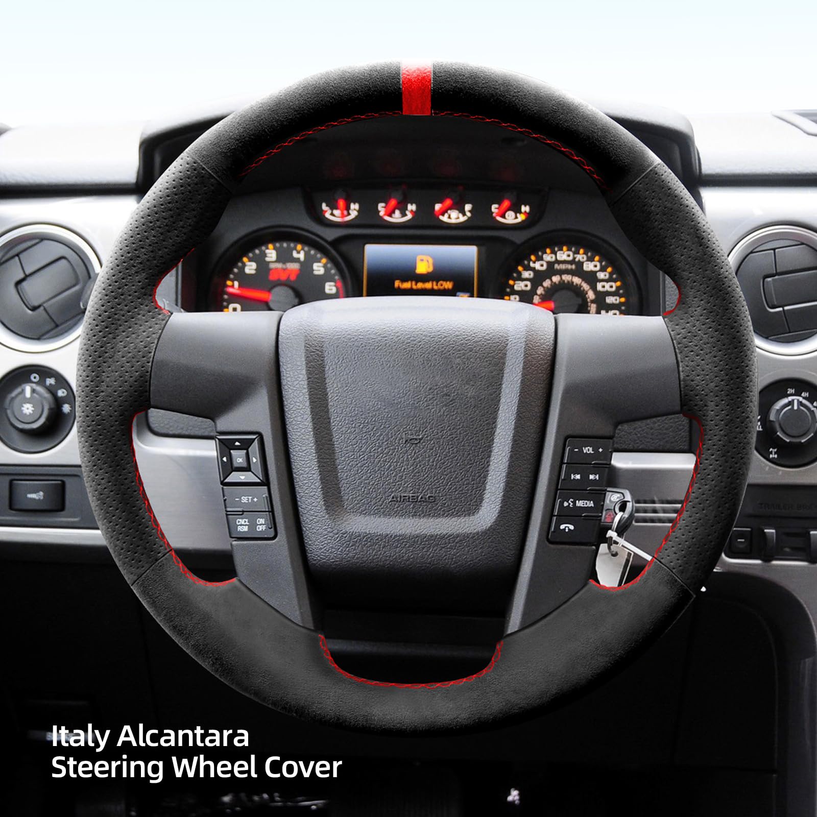 Alfanxi Hand Stitch Alcantara Steering Wheel Cover Compatible with Ford F-150 SVT Raptor 2010-2014 (Red Stripe)