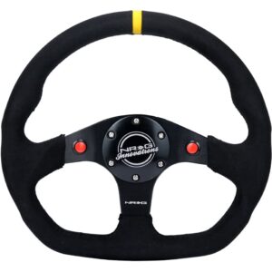 NRG Innovations NRG-RST-024D-MB-SA-Y Reinforced Steering Wheel 320mm Sport Alcantara Dual Push Buttons Flat Bottom with Yellow Center Mark