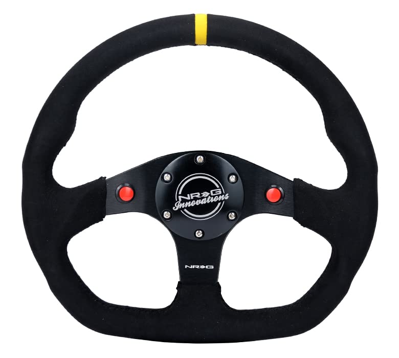 NRG Innovations NRG-RST-024D-MB-SA-Y Reinforced Steering Wheel 320mm Sport Alcantara Dual Push Buttons Flat Bottom with Yellow Center Mark