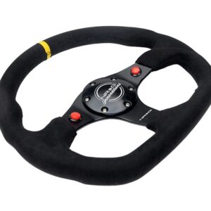 NRG Innovations NRG-RST-024D-MB-SA-Y Reinforced Steering Wheel 320mm Sport Alcantara Dual Push Buttons Flat Bottom with Yellow Center Mark